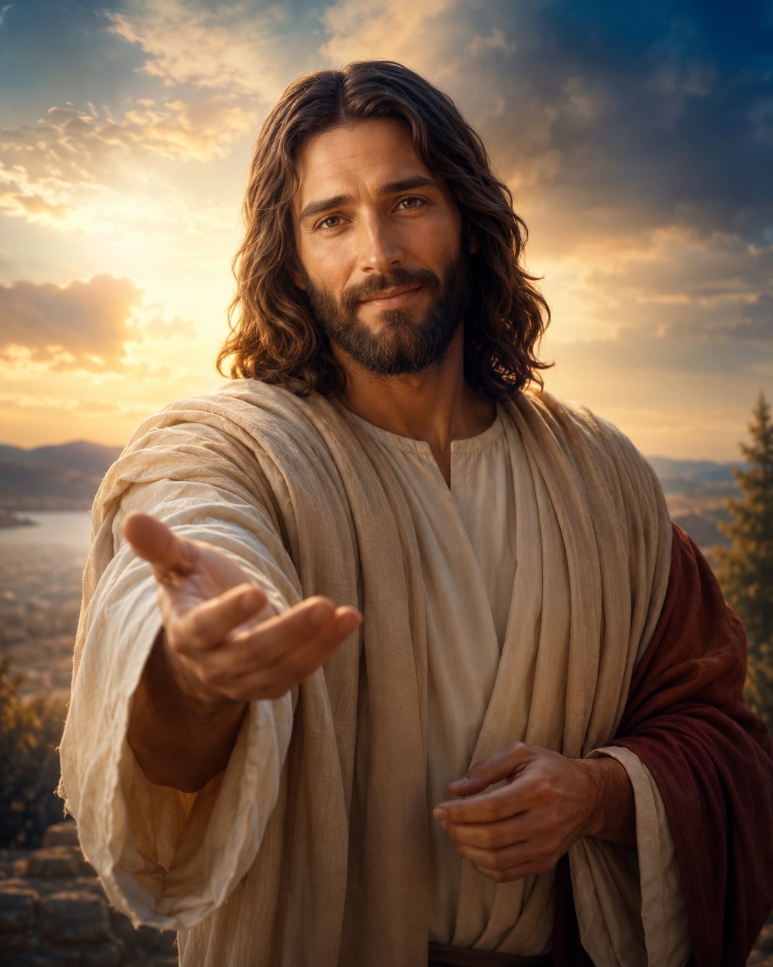 Representação artística de Jesus em pé numa colina ao amanhecer, com a mão direita estendida para frente em gesto de convite, vestindo túnica bege e manto marrom.